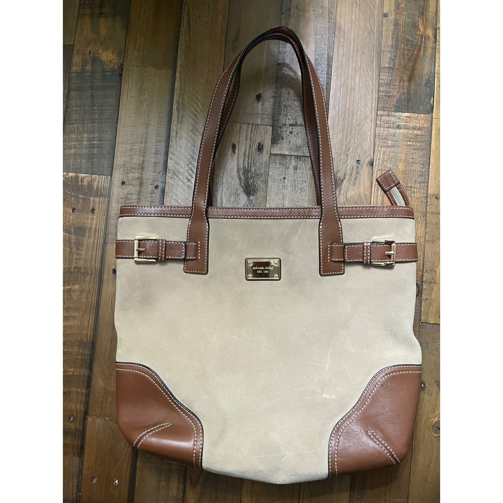 MICHAEL KORS Tote Bag Suede Leather Buckle Women Large Tan Brown Y2K Minimalist